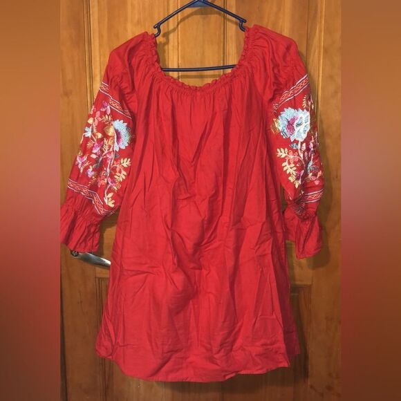 95. Free People Off the Shoulder Red Floral Embroidered Mini Dress Sz medium - Picture 5 of 5